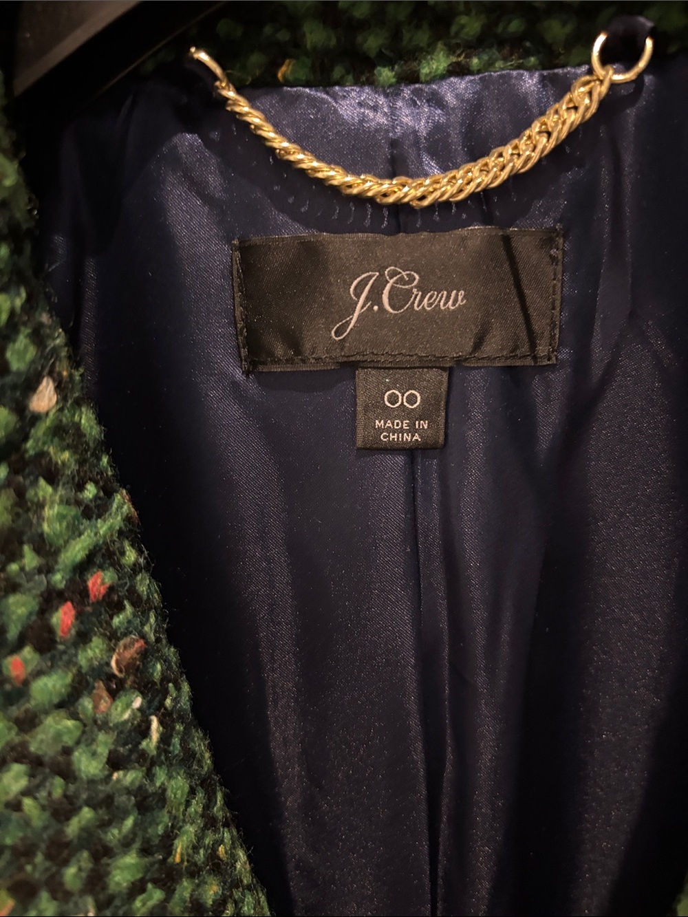 J. Crew Green Tweed Blazer with Navy Lining and Gold Chain Trim